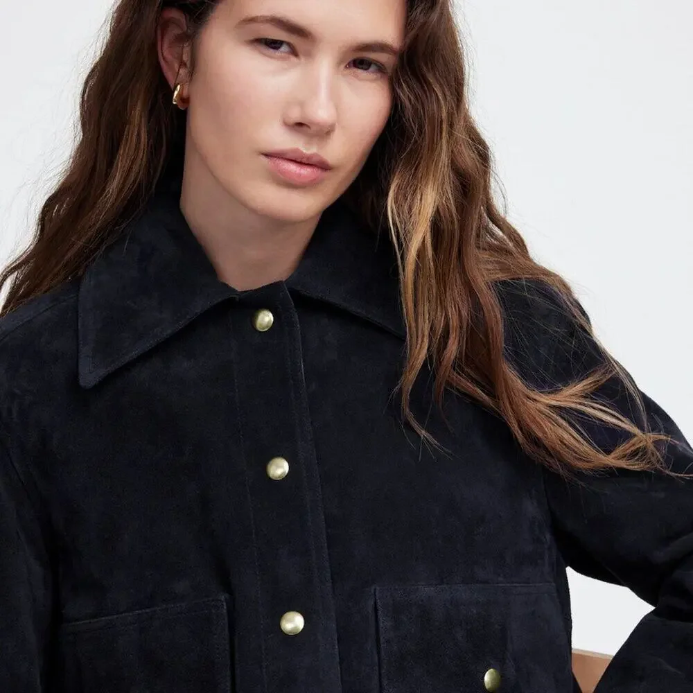 NWT Madewell Crop Chore Jacket in Suede Navy Blue L
